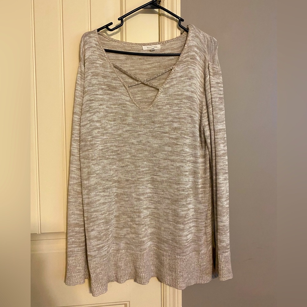 Tan sweater with cross neckline